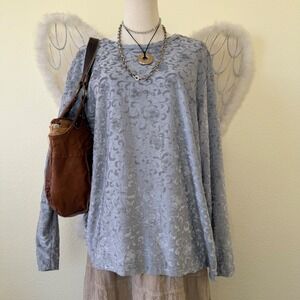 Indie Grunge Whimsygoth Gray Floral Burnout Velvet Long Sleeve Top Oversized 90s